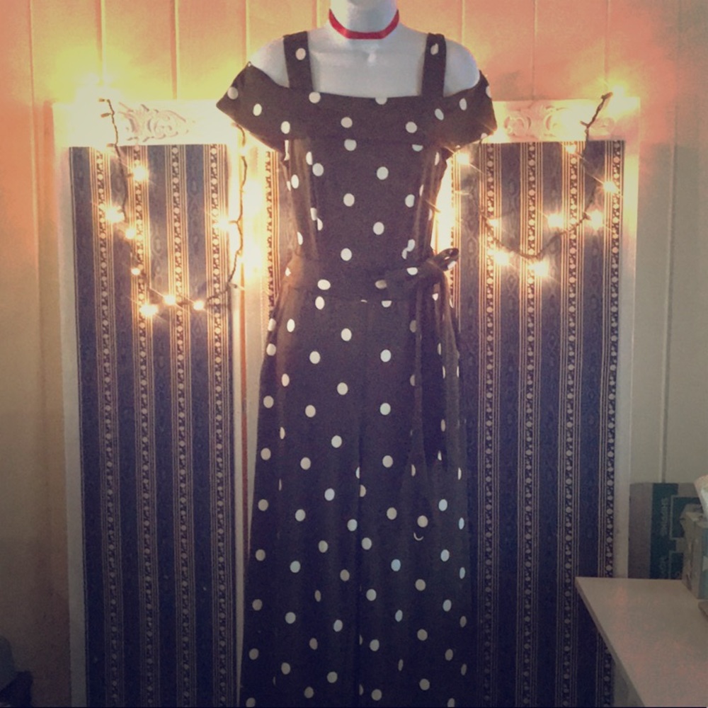 Dark green polka dot jumpsuit-off the shoulder